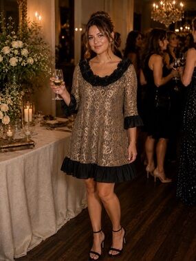 Adore by Teri Miami Lace Rosette Ruffle Dress/Tunic Black & Gold